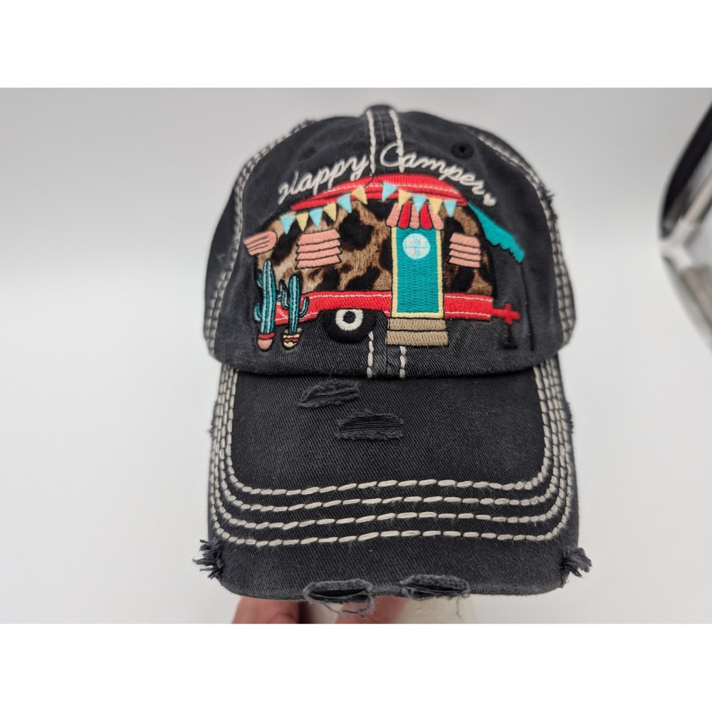 KBETHOS Vintage Happy Camper Distressed Baseball Cap Black Leopard Print Hat